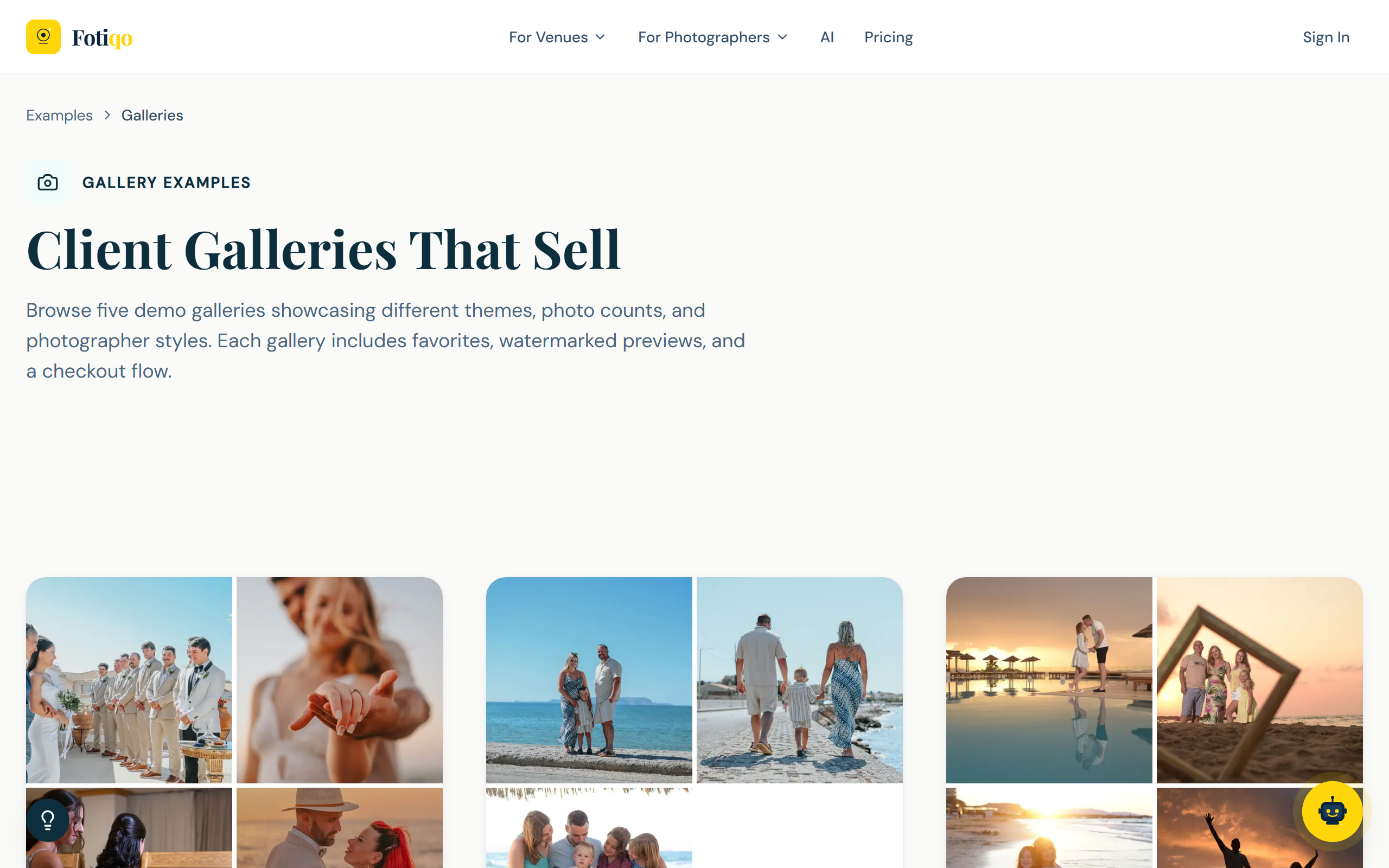 Fotiqo Client Gallery — masonry grid of watermarked previews with favorites and checkout